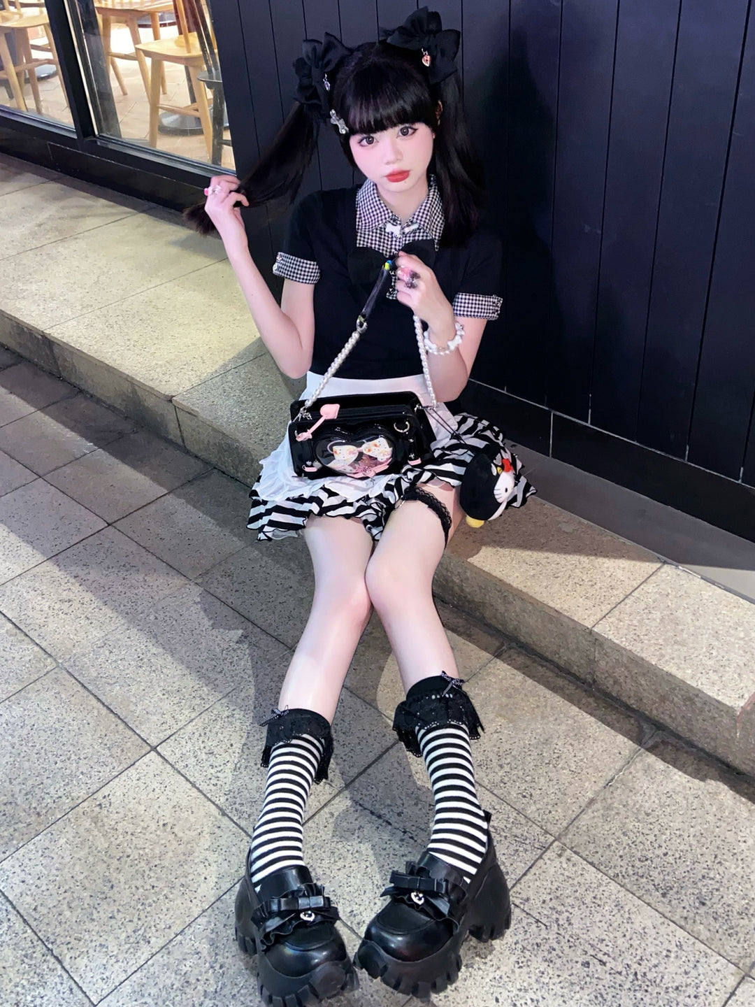 JK Uniform Pink Black Platform Shoes With Bow Ties 21892:331974