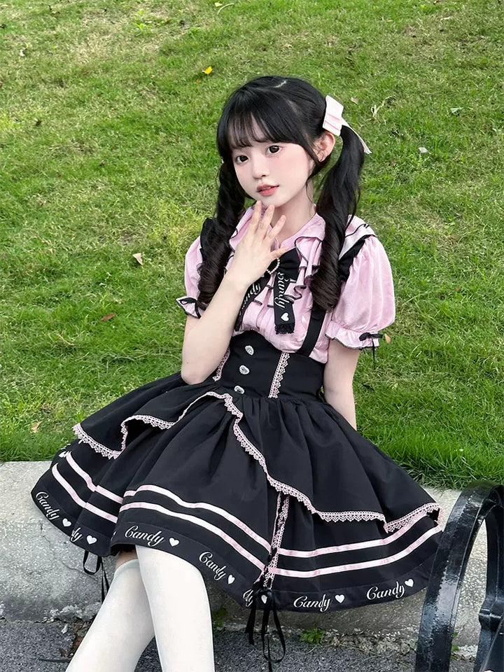 Pink Jirai Kei Short-sleeved Blouse, Puffy Sleeves 22780:607568