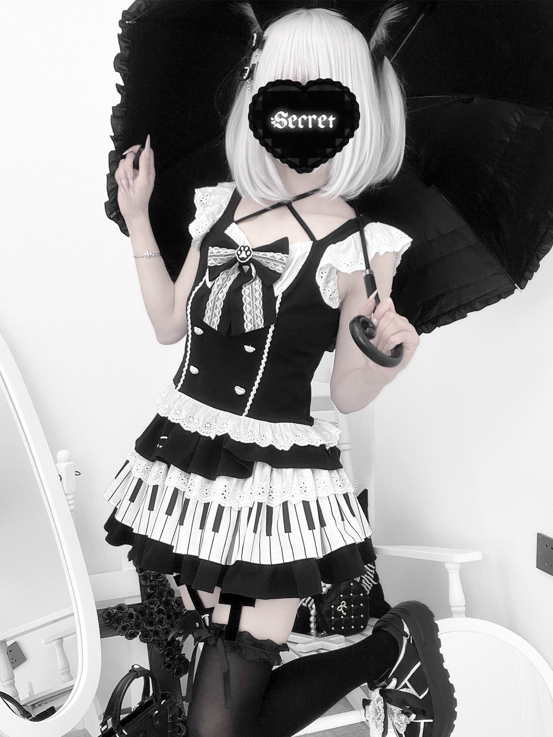 Halter Neck Kawaii Skirt Set, Cat and Piano Print 43577:780183