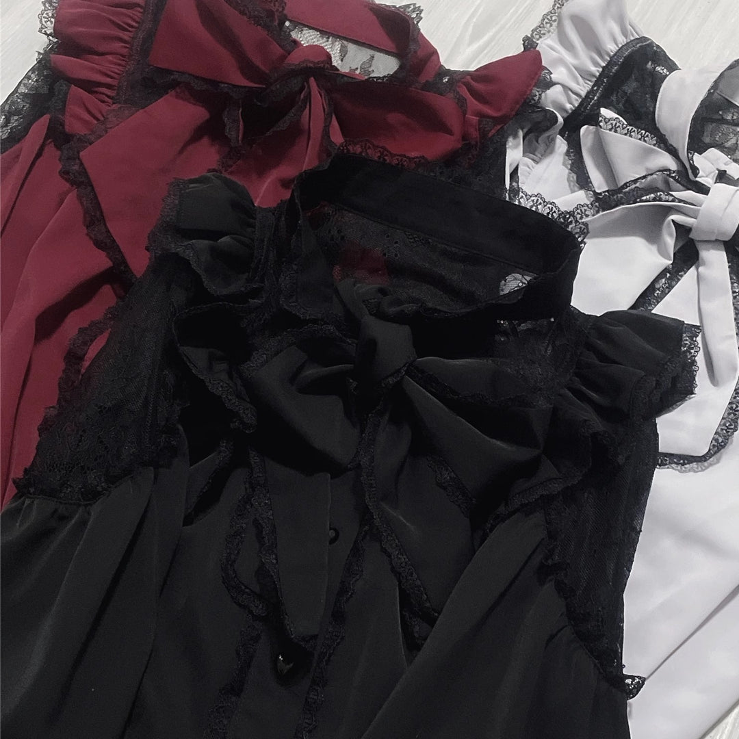 Jirai Kei Stand Collar Shirt with Lace Shoulder And Ribbon 42748:752312