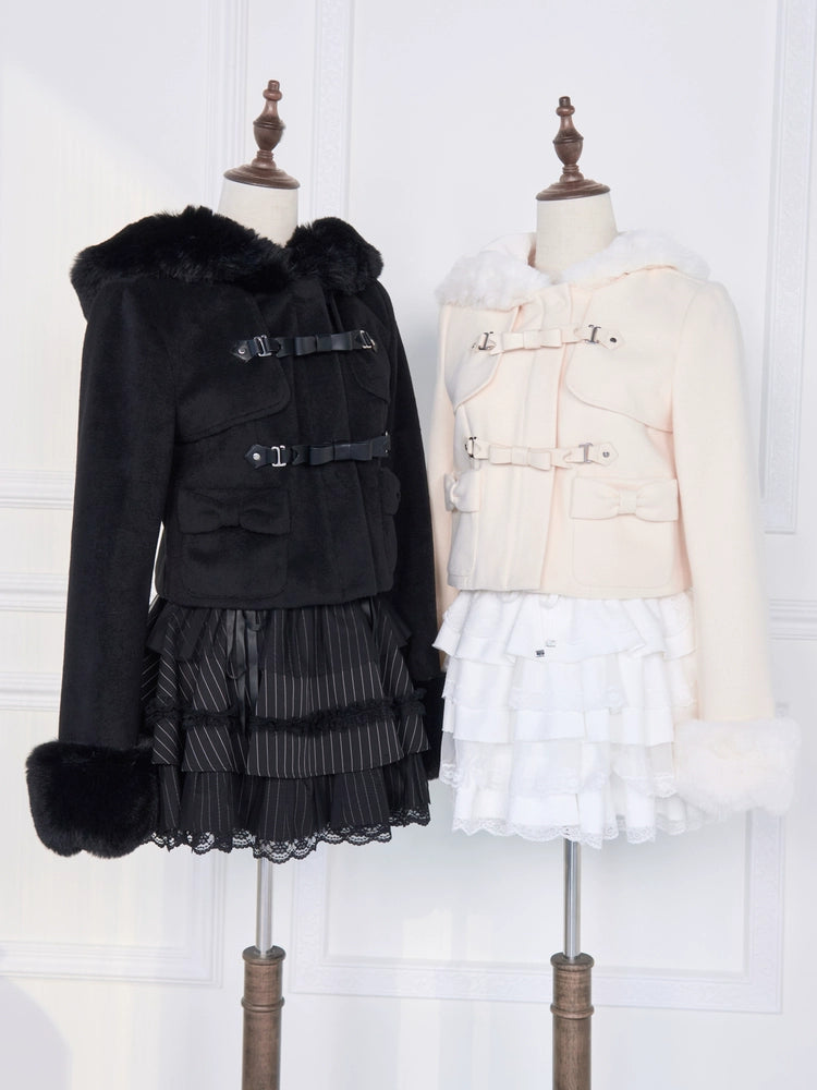 Hooded Rousangata Short Coat, Detachable Plush Cuffs 44116:796396