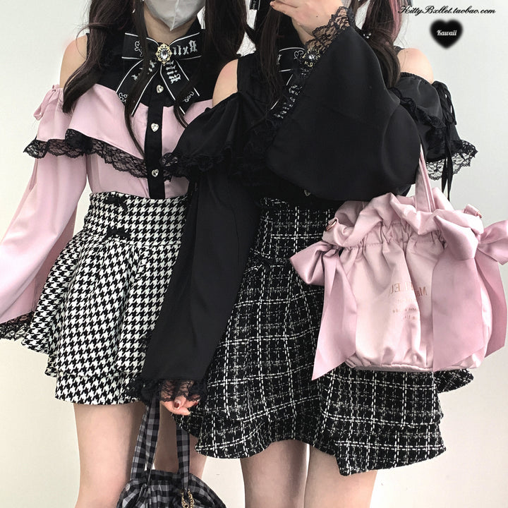 Open Shoulder Jirai Kei Blouse with Lace Trim & Princess Sleeves 42618:747013