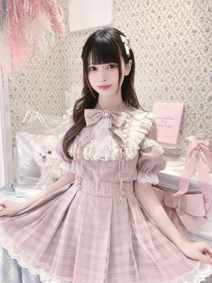 Pink Ryousangata Dress, Lace Trim & Square Rhinestone Bow 43193:770325