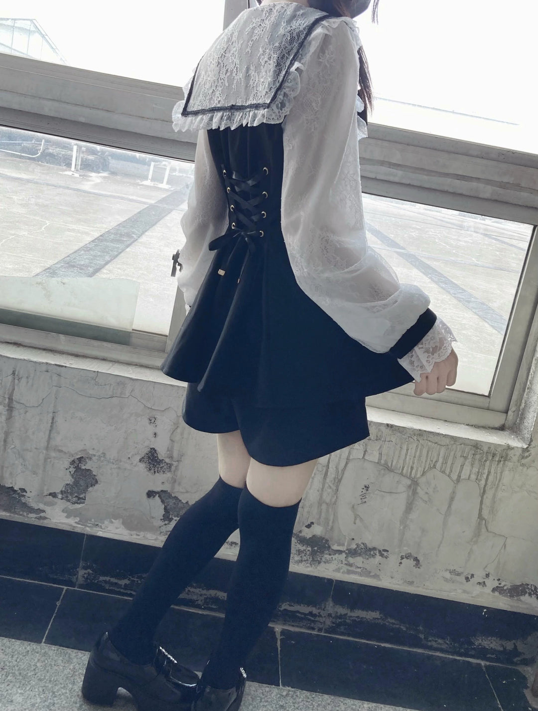 Jirai Kei Set Up Lace Sleeve Sailor Collar Dress Shorts 37650:567952