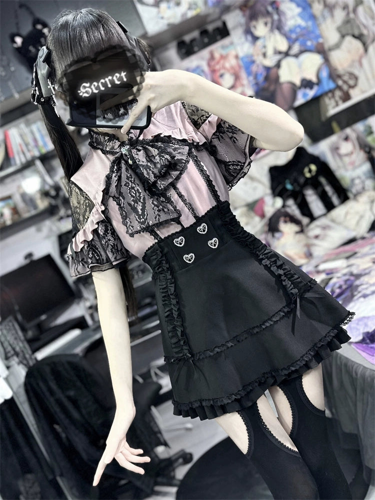Jirai Kei Blouse Lace Open Shoulder Shirt Short Sleeve (L M S XL / Pink) 37852:573336