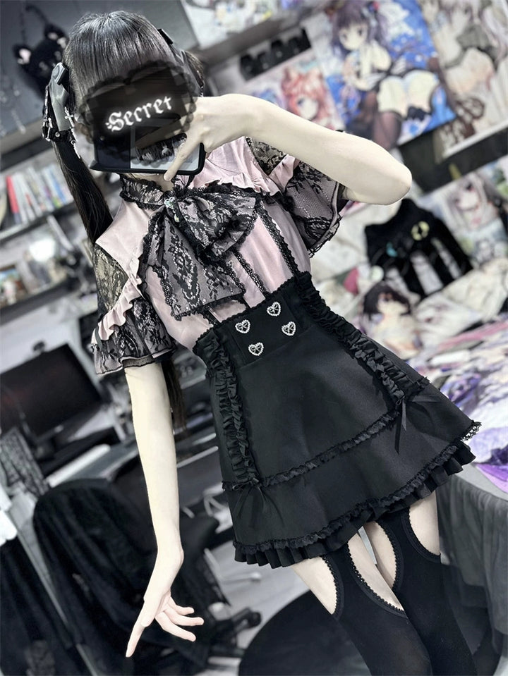 Jirai Kei Blouse Lace Open Shoulder Shirt Short Sleeve (L M S XL / Pink) 37852:573336