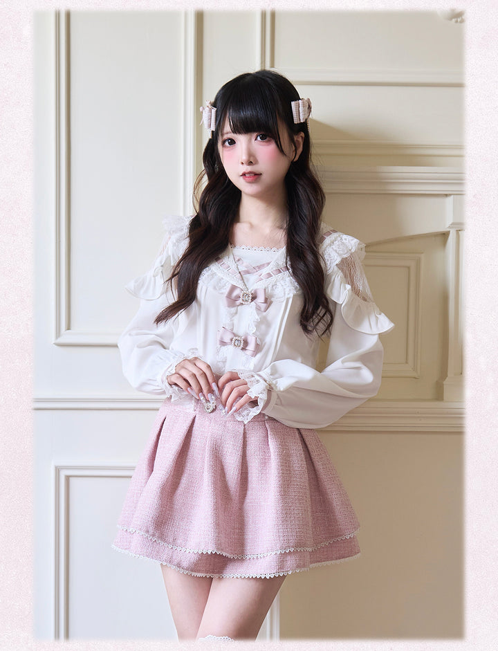Sailor Collar Jirai Kei Blouse with Tulle Shoulder and Lace Frill 42523:744428