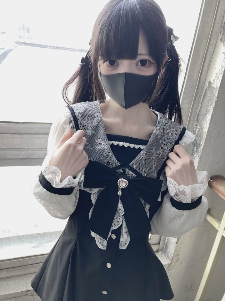 Jirai Kei Set Up Lace Sleeve Sailor Collar Dress Shorts 37650:567928