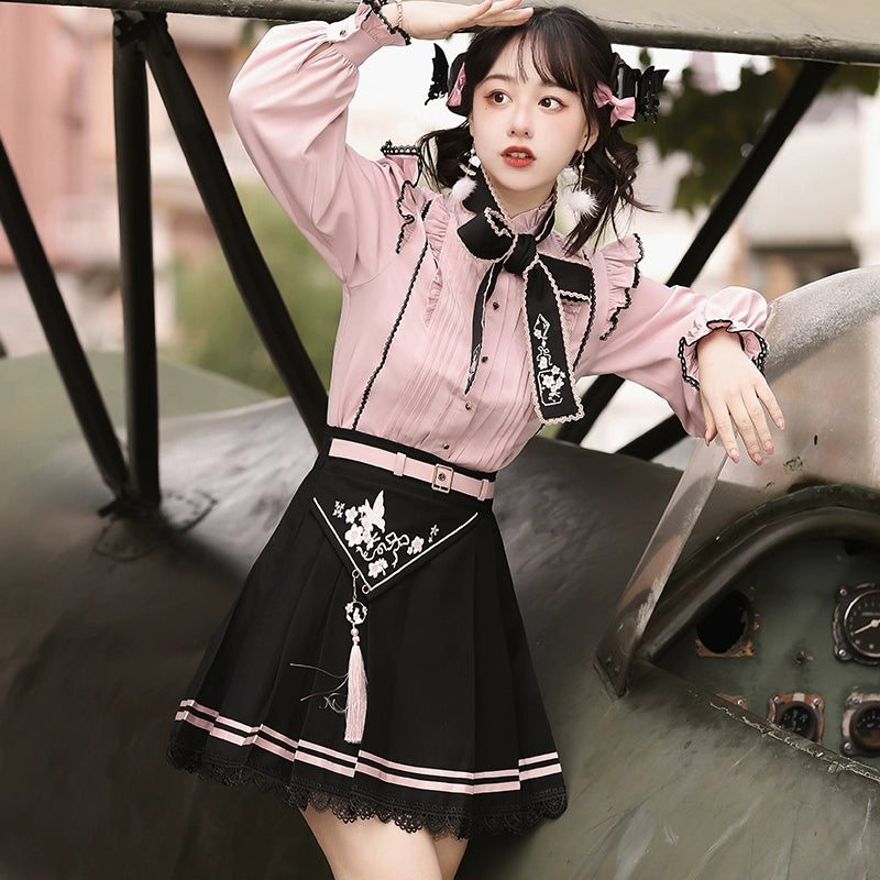 Pink Jirai Kei Blouse Black Skirt Chinese Hanfu Two-piece Set 22036:362416