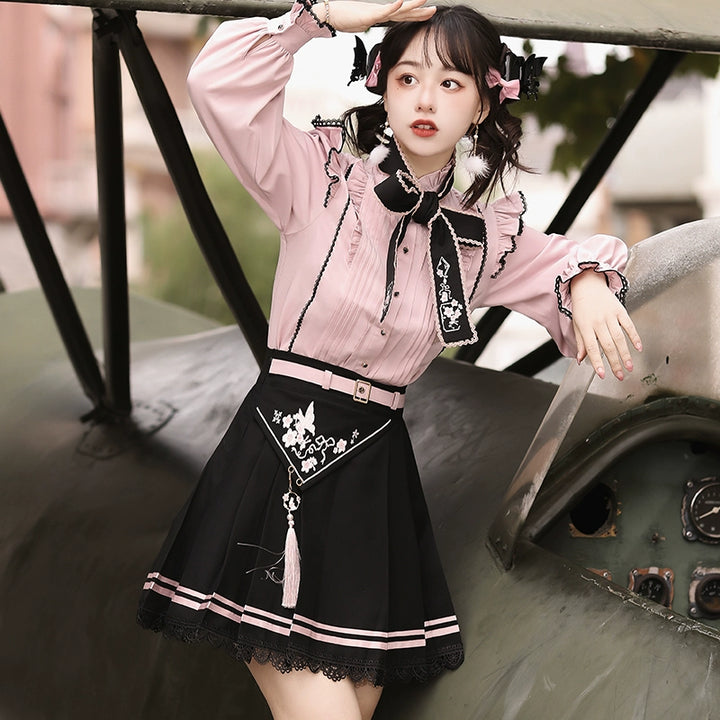 Pink Jirai Kei Blouse Black Skirt Chinese Hanfu Two-piece Set 22036:362416