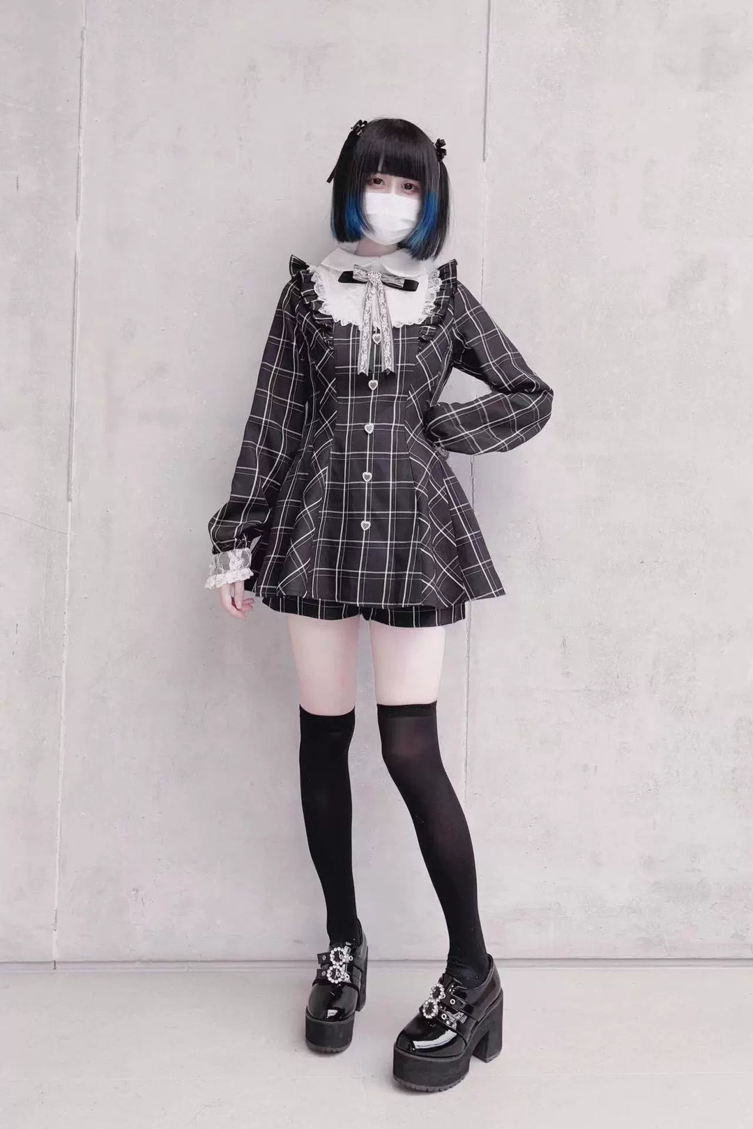 Jirai Kei Dress Set Long-sleeved Plaid Dress And Shorts 39444:620594