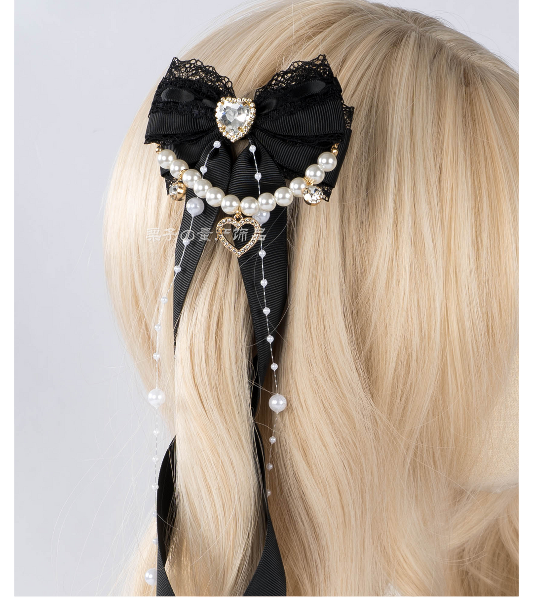 Jirai Kei Bow Hair Clip, Heart Rhinestone, Pearl Chain, Lace Trim 43501:778538