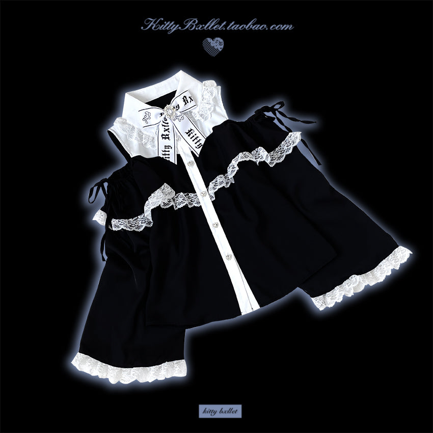 Open Shoulder Jirai Kei Blouse with Lace Trim & Princess Sleeves 42618:746854