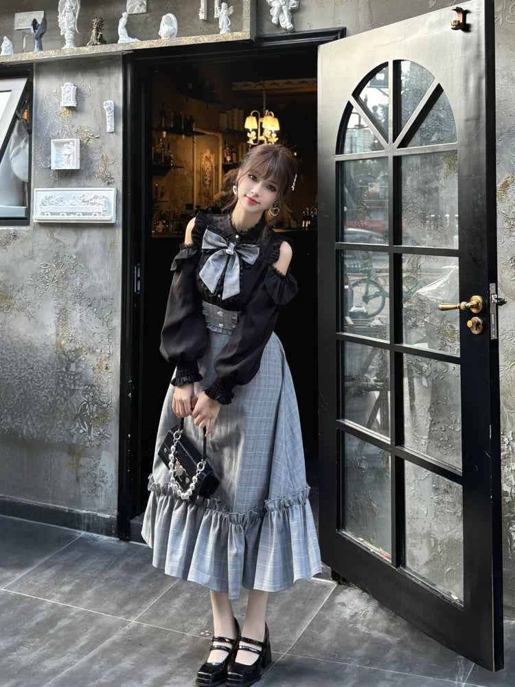 Jirai Kei Open-Shoulder Long Dress, Detachable Bow (2XL 3XL L M S XL) 44754:823918