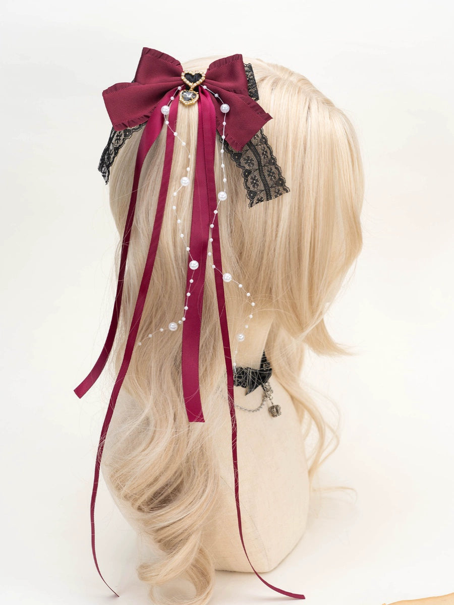 Jirai Kei Hair Clip Lace Rhinestone Heart Ribbon Headwear 32286:380670 32286:380670
