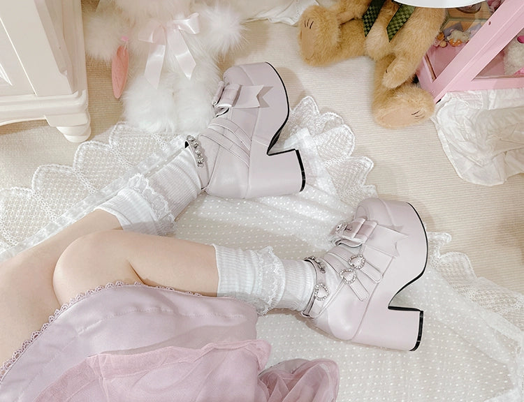 Jirai Kei Platform Shoes, Glittering Rhinestone, Chunky Heel 43247:775766