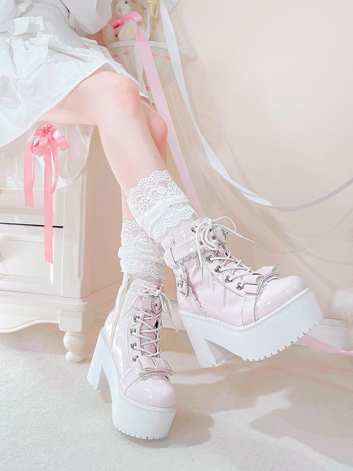 Jirai Kei Shoes Ankle Boots with Heart-shaped Pearl Buckle Detail 42651:749000