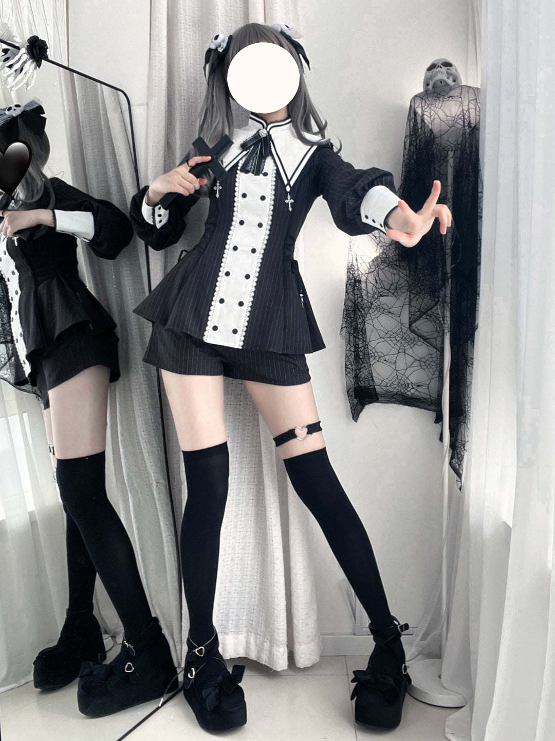 Striped Jirai Kei Set Up, Detachable Collar, Long/Short Sleeve Styles 43401:775819