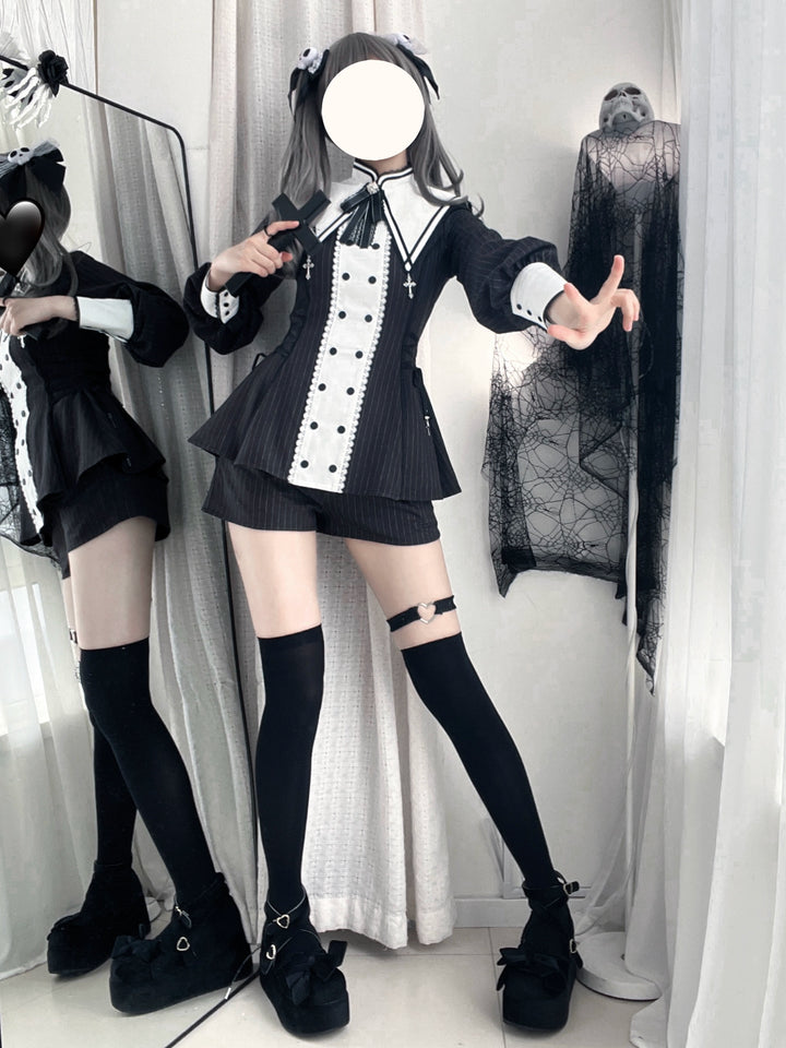 Striped Jirai Kei Set Up, Detachable Collar, Long/Short Sleeve Styles 43401:775819