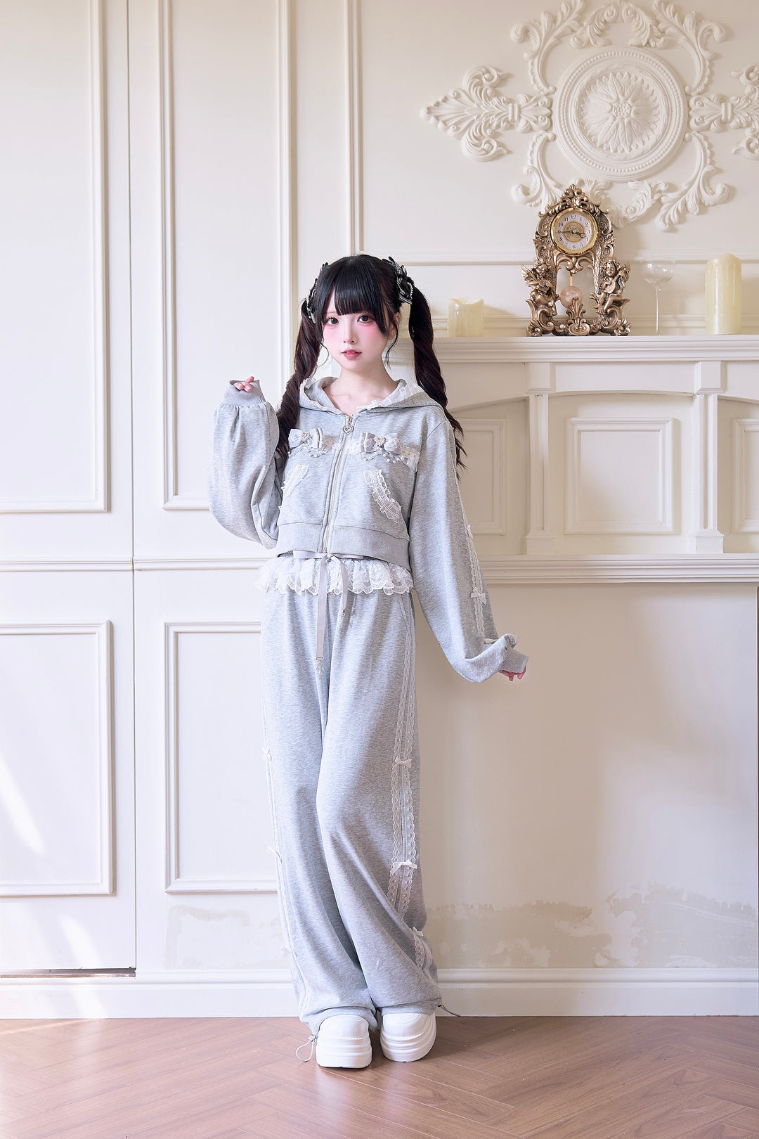 Sport Jirai Kei Hoodie Jacket Pants and Skirt with Lace Detail (Gray / L) 42521:743637