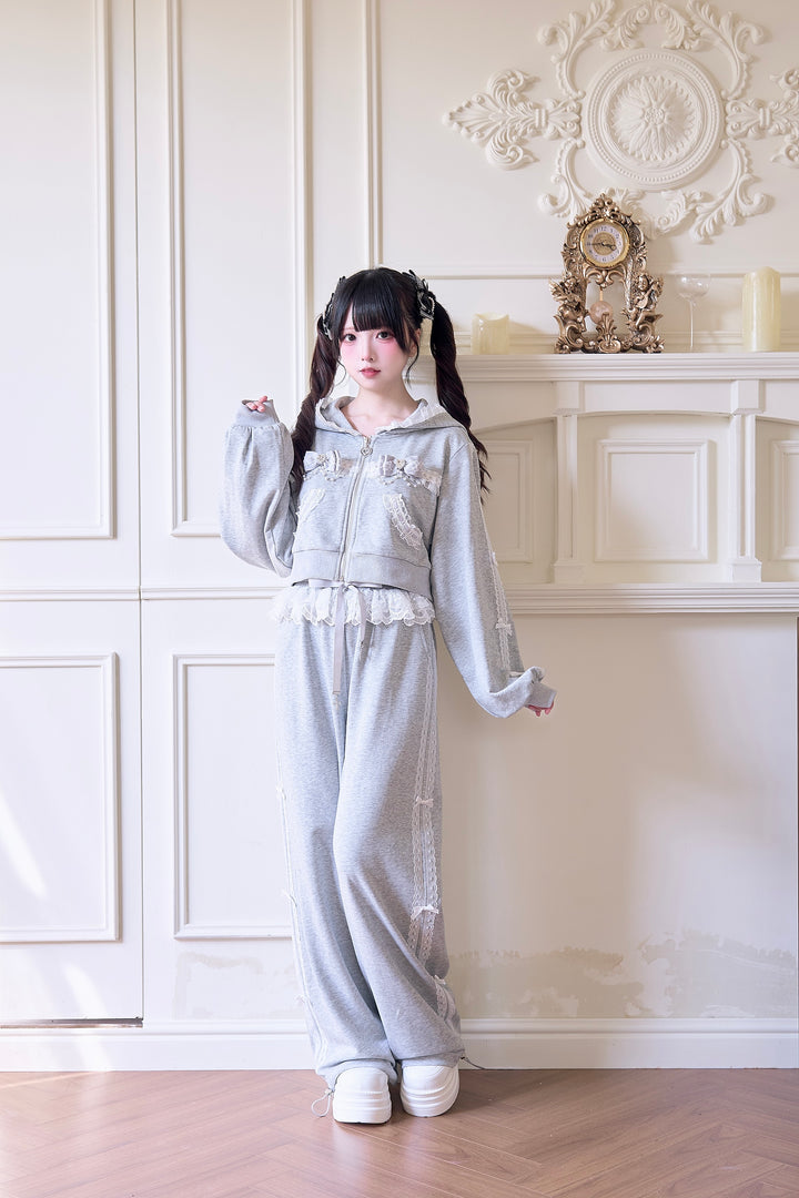 Sport Jirai Kei Hoodie Jacket Pants and Skirt with Lace Detail (Gray / L) 42521:743637