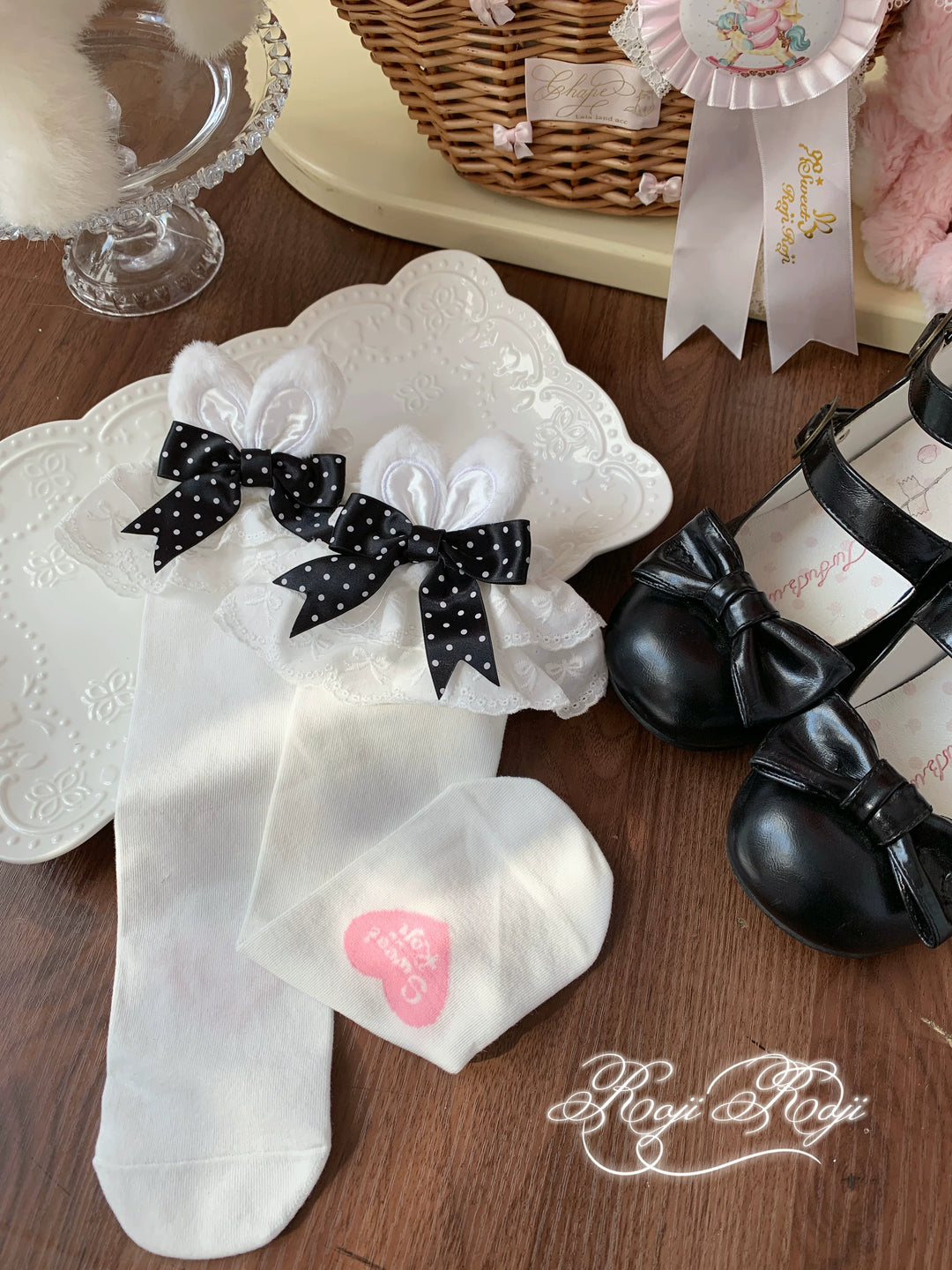 Sweet Lolita Mid-Calf Cotton Socks, Bunny Ears, Polka Dots 44712:819616