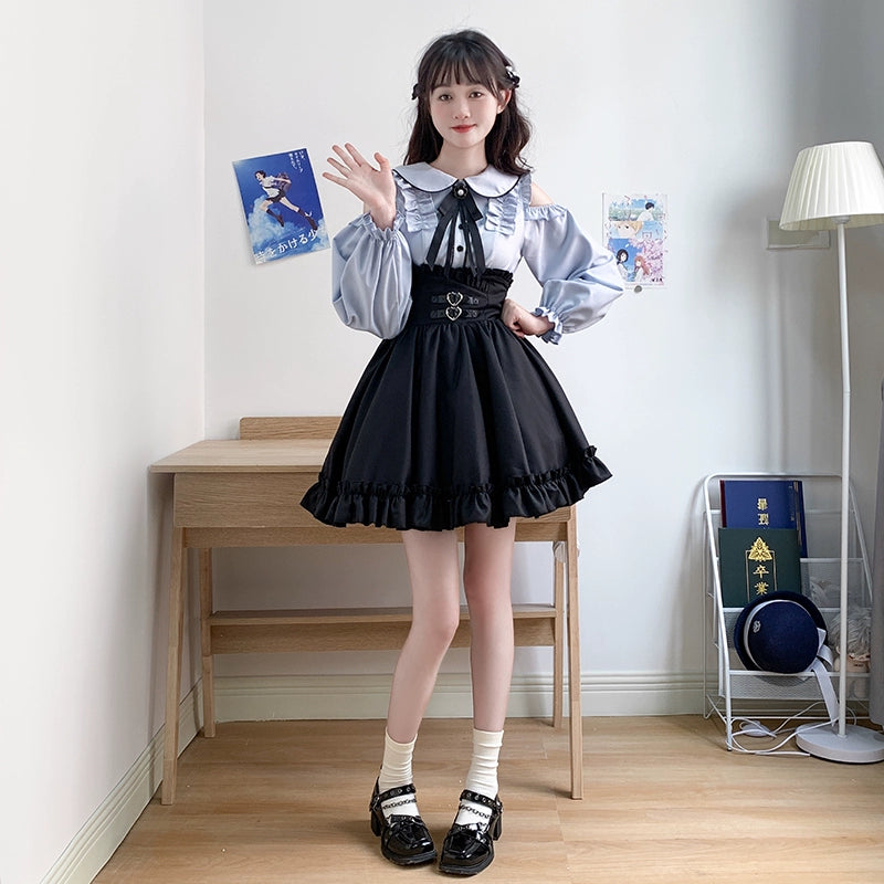 Jirai Kei Blue Open Shoulder Blouse, Flounce Hem Skirt 21966:350982