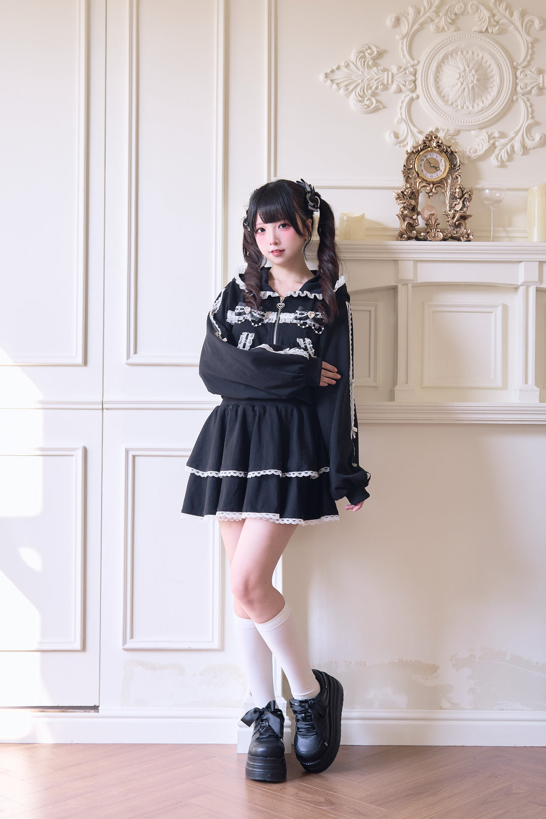 Sport Jirai Kei Hoodie Jacket Pants and Skirt with Lace Detail 42521:743627
