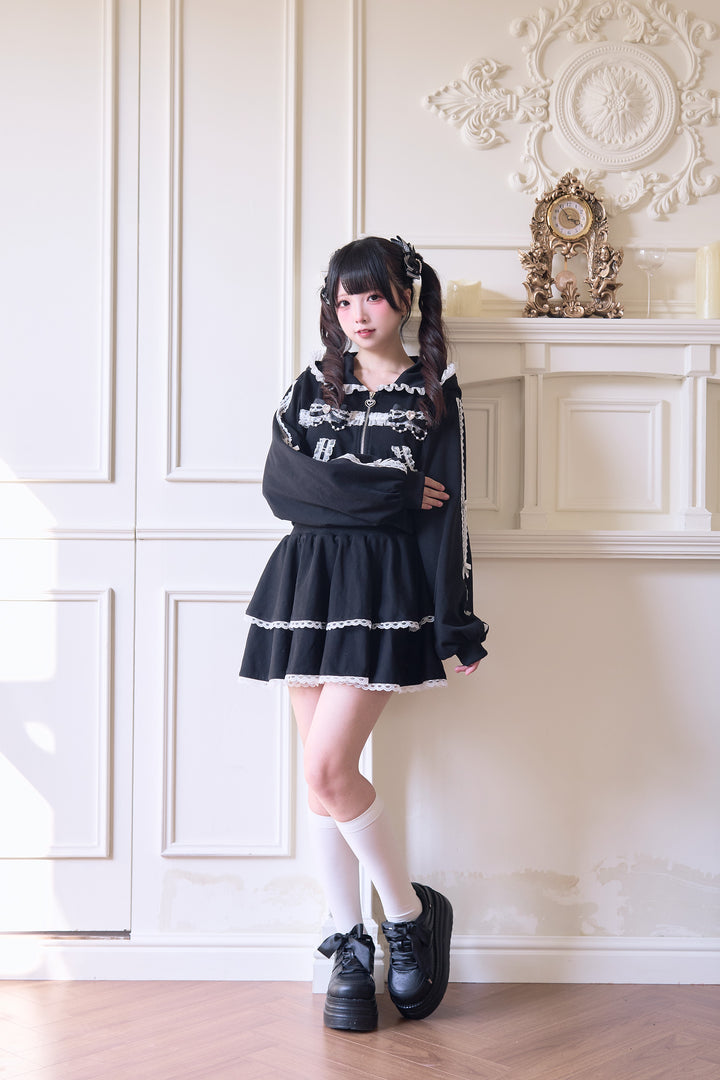 Sport Jirai Kei Hoodie Jacket Pants and Skirt with Lace Detail 42521:743627