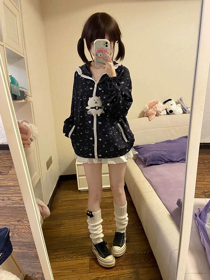 Kawaii Hooded Sunscreen Jacket with Cat Ears & Animal Prints 42905:759062