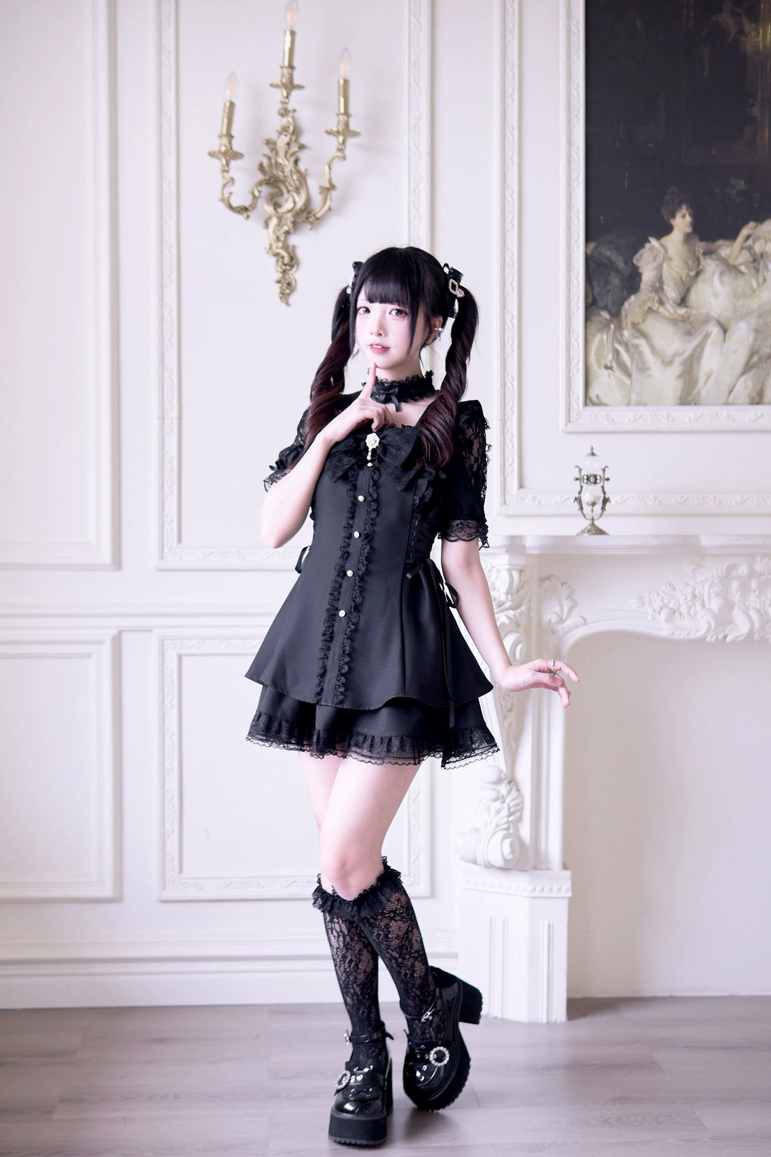 Jirai Kei Dress 4-Piece Set, Elastic Waist & Pearl Button 43010:761790
