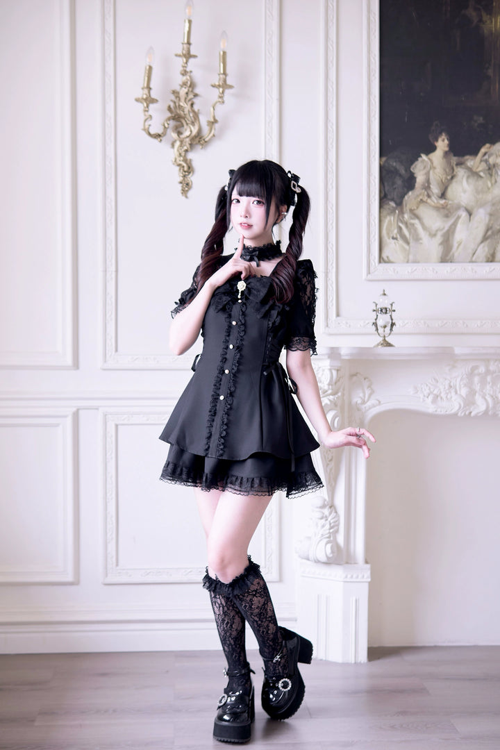 Jirai Kei Dress 4-Piece Set, Elastic Waist & Pearl Button 43010:761790