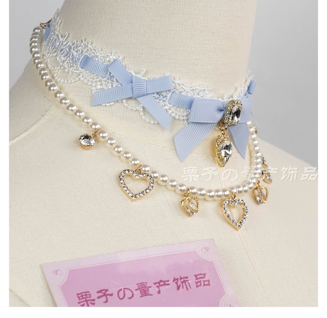 Jirai Kei Lace Choker, Detachable Faux Pearl Necklace 44010:793221
