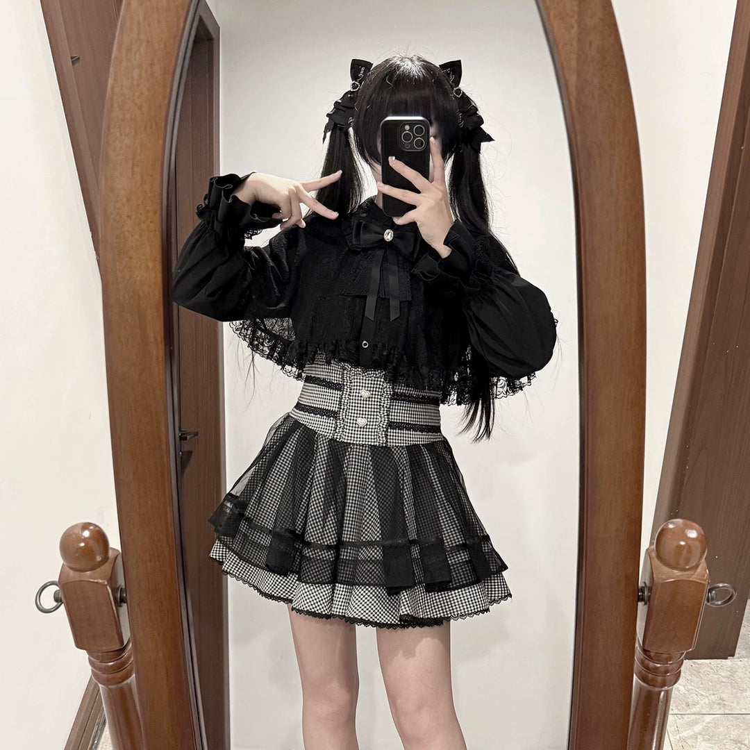 Jirai Kei Winter Cape, Lace Blouse, High-Waist Skirt (2XL 3XL 4XL L M S XL) 44199:808476