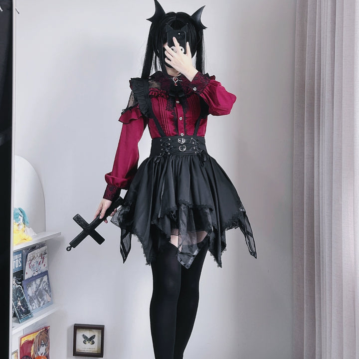 Jirai Kei Blouse Lace Bat Collar Burgundy And Black Shirt 39630:633410