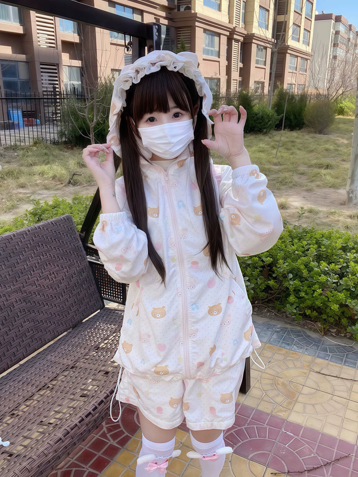 Kawaii Hooded Sunscreen Jacket with Cat Ears & Animal Prints 42905:759076