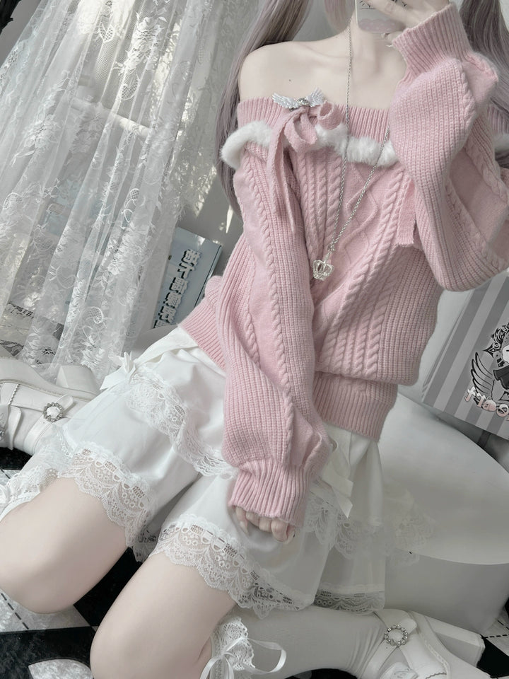 Jirai Kei Sweater Off-Shoulder Knot Bow Sweater 39722:634226