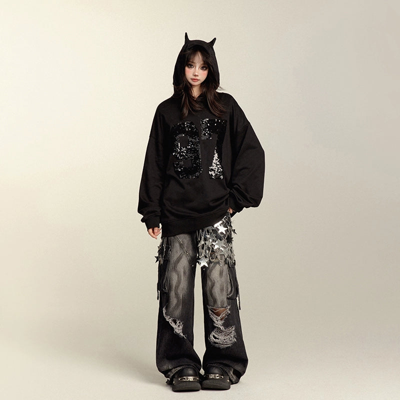 Punk Pants Black Straight Wide Leg Ripped Jeans Autumn 39760:642230