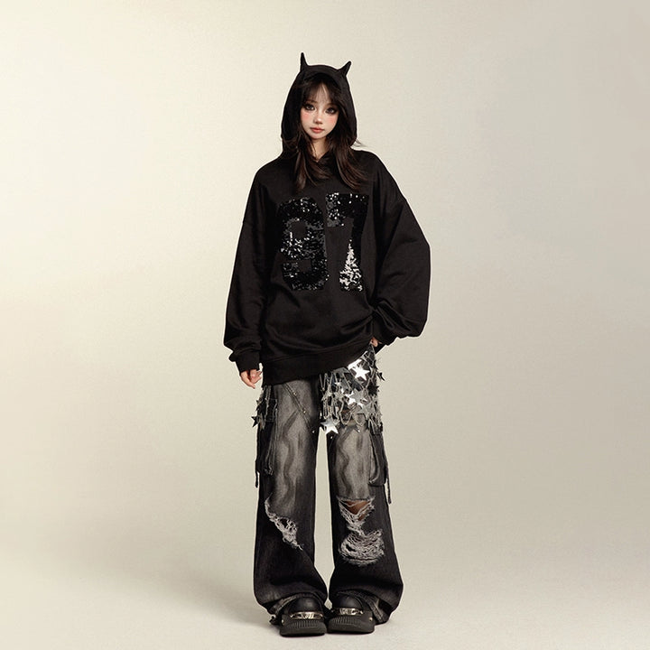 Punk Pants Black Straight Wide Leg Ripped Jeans Autumn 39760:642230