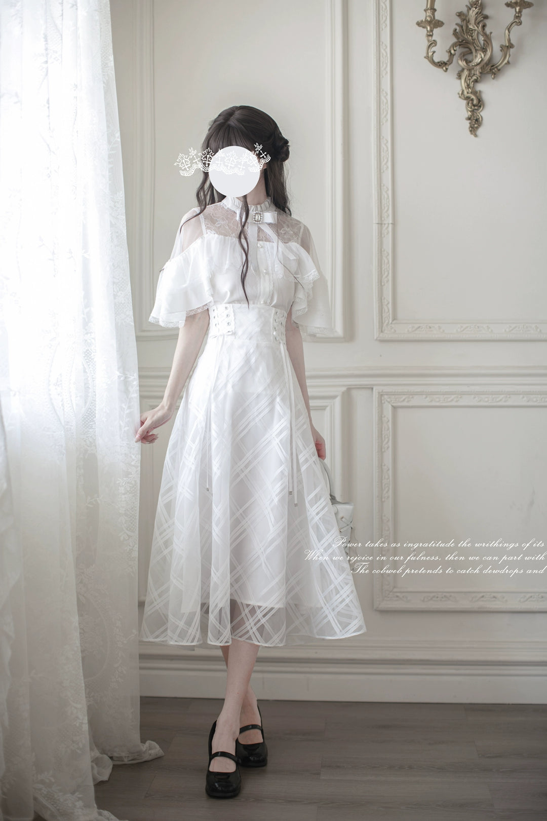 White Long Ryousangata Skirt With Elegant Cape-Design Shirt 43110:769487