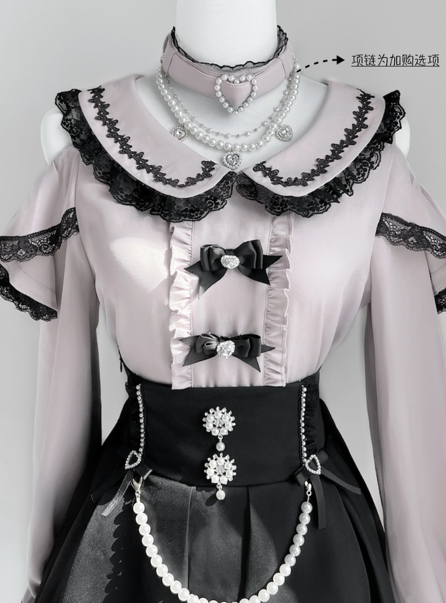 Jirai Kei Open-shoulder Blouse Black Skirt With Peal Chain 42164:729284