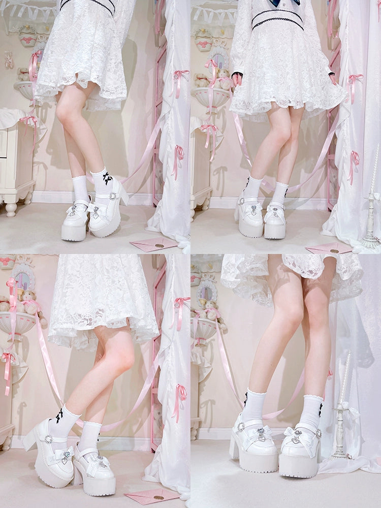 Jirai Kei Shoes Rhinestone Bow Platform Shoes With Shoe Clip 38042:594436