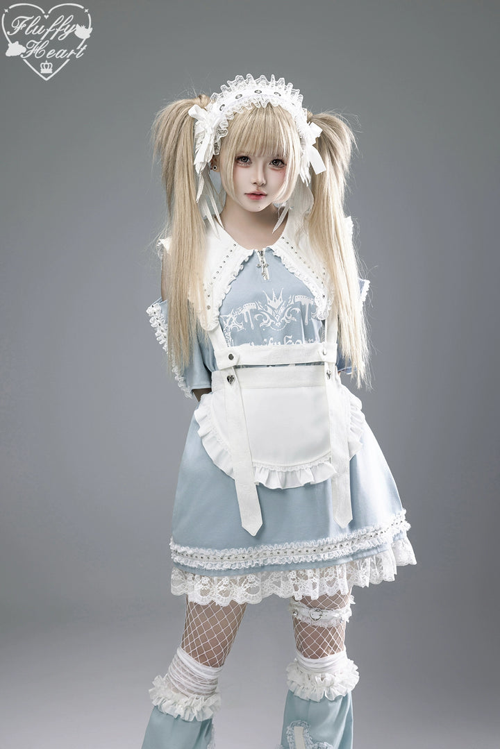 Cotton Sub Jirai Kei T-Shirt Dress, Pointed Collar, Open Shoulder (L M S) 43373:774822