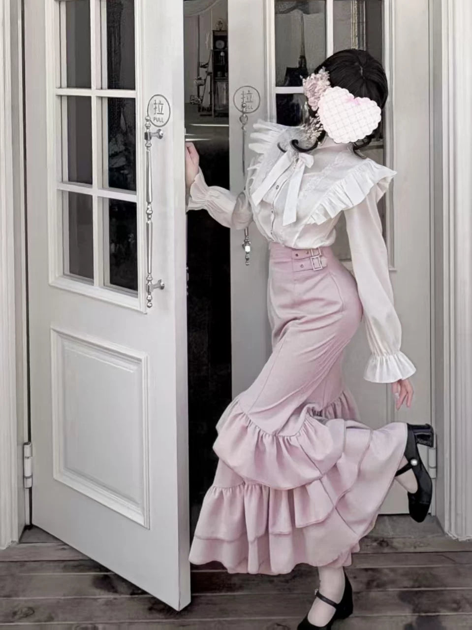 Elegant White Blouse and Pink Mermaid Skirt Set 44511:810981