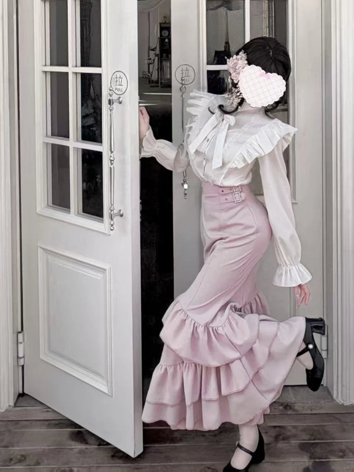 Elegant White Blouse and Pink Mermaid Skirt Set 44511:810981