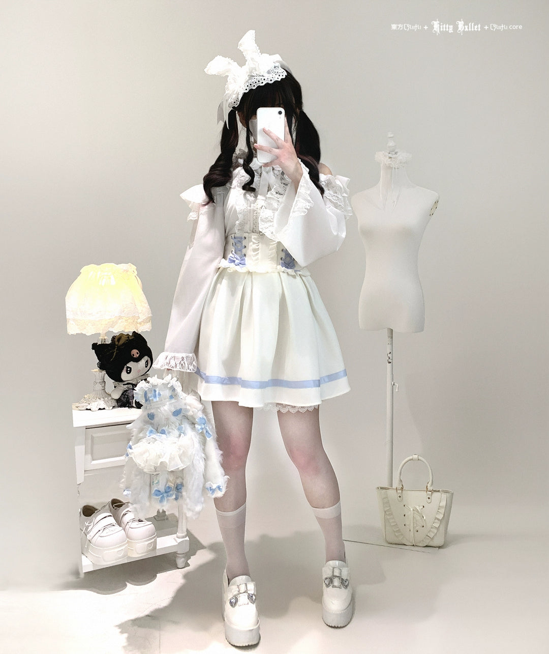 Lace Open-Shoulder Jirai Kei Blouse, Long Sleeves 44004:793094