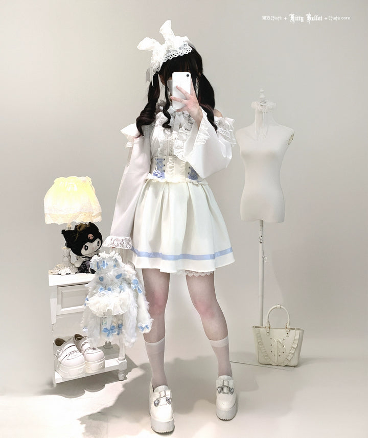 Lace Open-Shoulder Jirai Kei Blouse, Long Sleeves 44004:793094