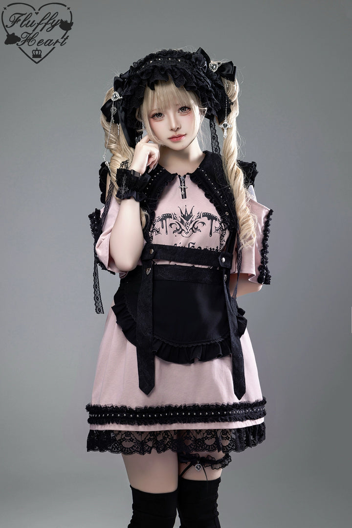 Cotton Sub Jirai Kei T-Shirt Dress, Pointed Collar, Open Shoulder 43373:774841