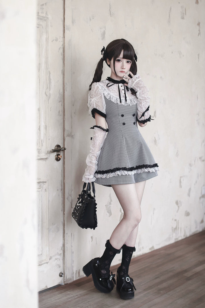 Jirai Kei Houndstooth Pattern Dress, Lace & Detachable Sleeves 44922:828302