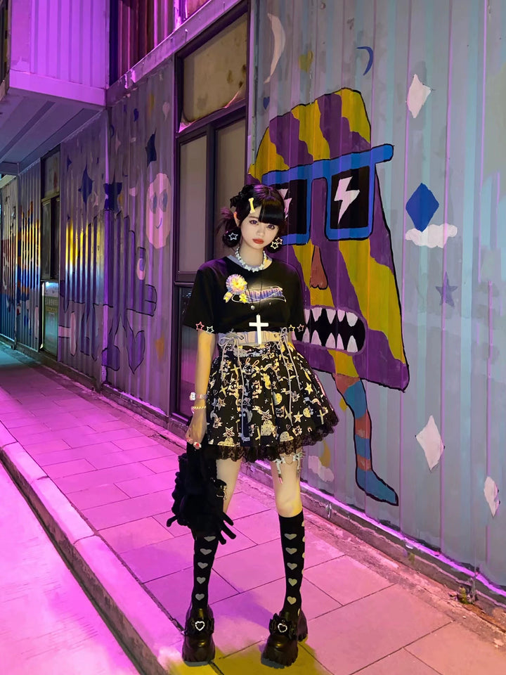 JK Uniform Pink Black Platform Shoes With Bow Ties 21892:331898